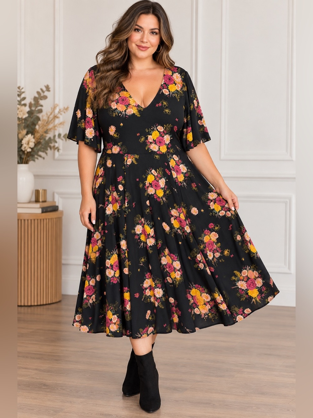 Torrid Size 1 (14) Black Floral Fit & Flare Midi Dress V Neck